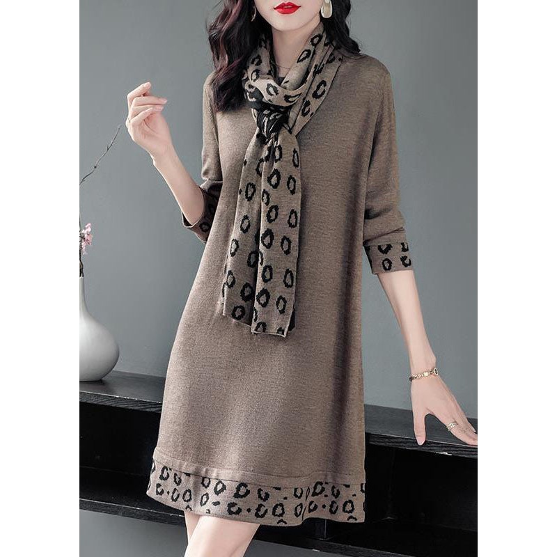 Camel Print Patchwork Knitted Dress O-Neck Scarf Long Sleeve