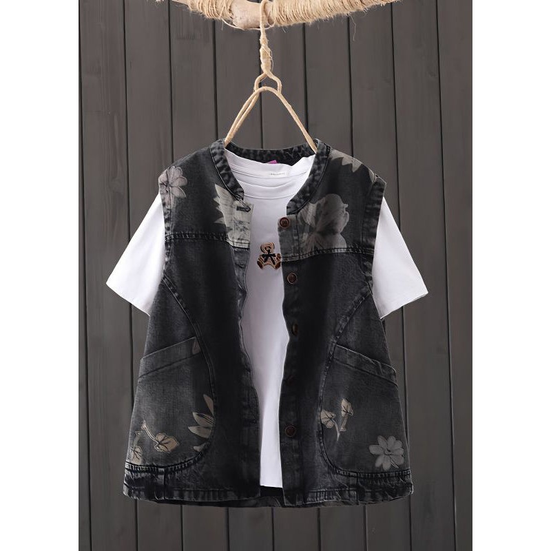 Casual Black O-Neck Print Pockets Button Denim Waistcoat Sleeveless