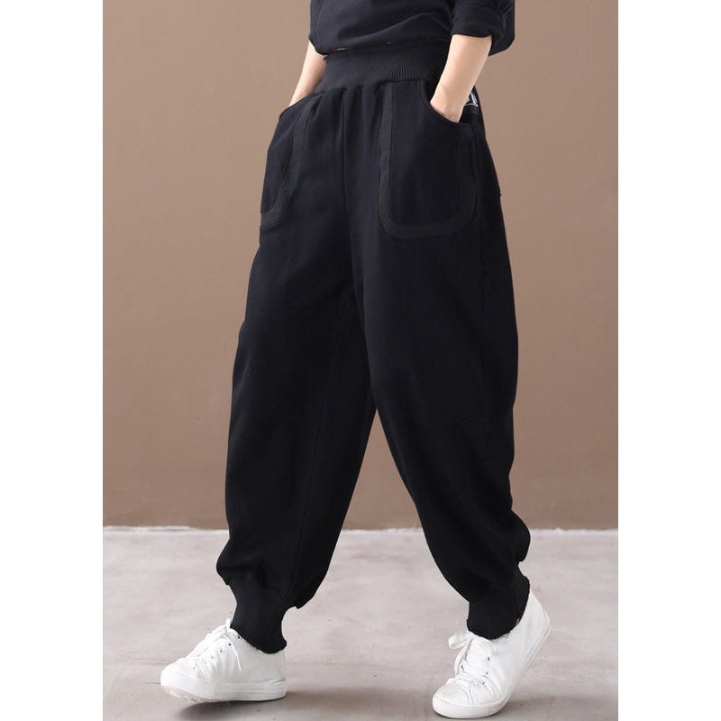 Casual Black Print Pockets Elastic Waist Cotton Beam Pants Fall