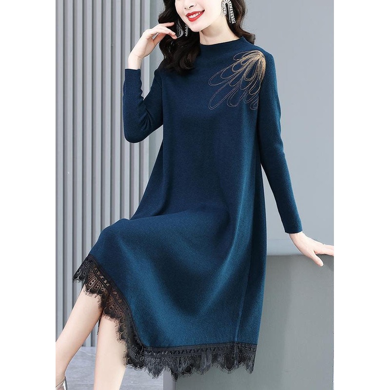 Casual Blue High Neck Lace Patchwork Knit Sweater Dress Long Sleeve