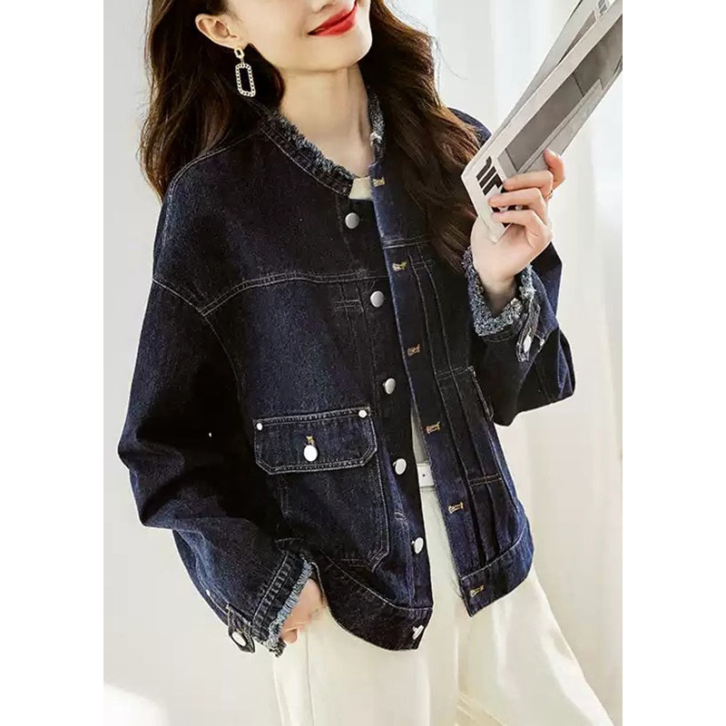 Casual Dark Blue O-Neck Pockets Patchwork Denim Coats Fall