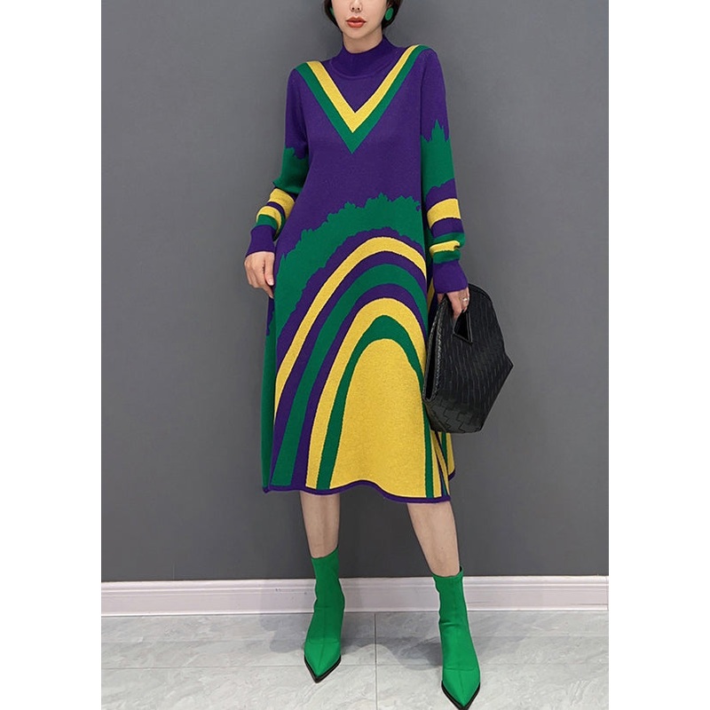 Casual Purple Turtleneck Striped Knit Vacation Dresses Fall