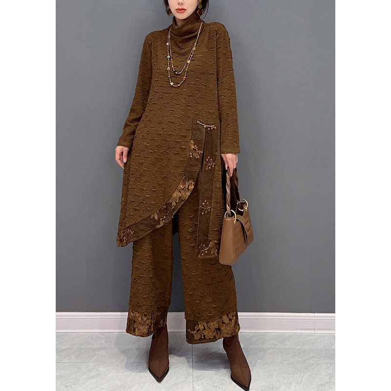 Chic Chocolate Turtleneck Print Top And Pants Two Pieces Set Fall