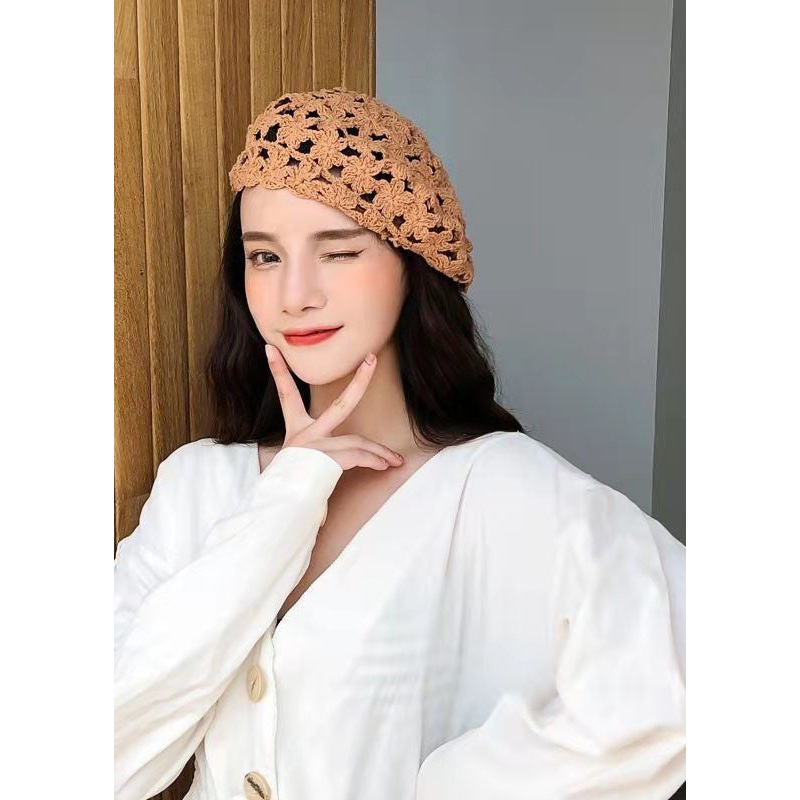 Chic Coffee Flower Hollow Out Knit Beret Hat