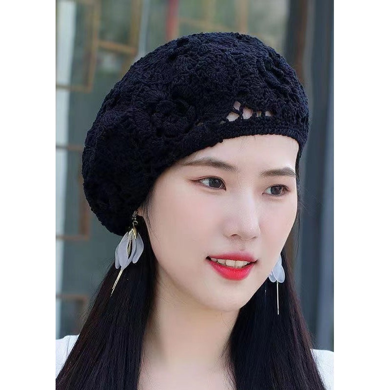 Chic Handmade Black Hollow Out Crochet Floral Knit Beret Hat