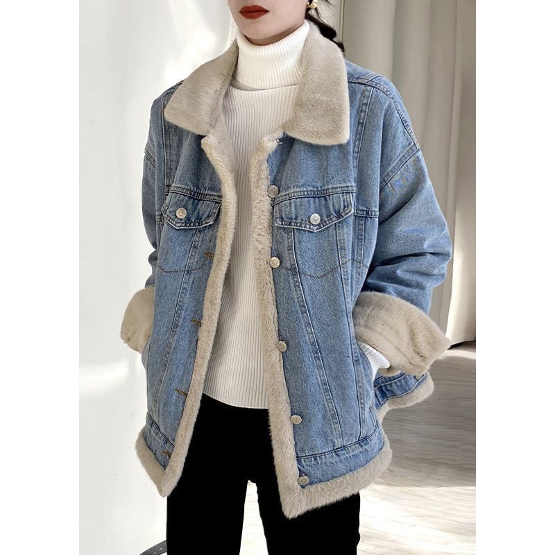 Chic Light Blue Peter Pan Collar Pockets Warm Fleece Denim Coats Long Sleeve