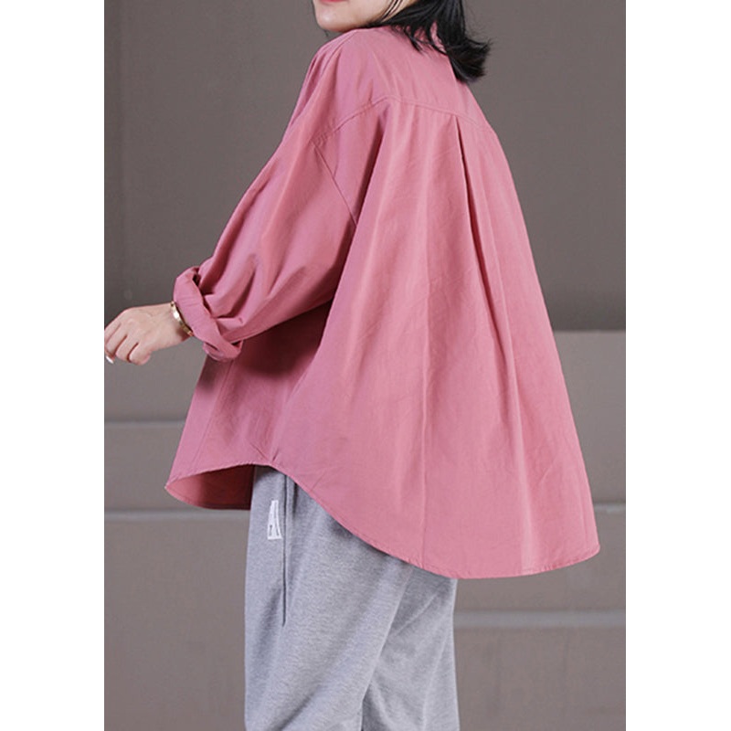 Chic Pink Peter Pan Collar Button Pockets Shirts Long Sleeve