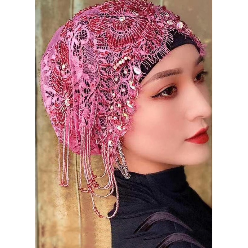 Chic Purple Tassel Zircon Hollow Out Lace Bonnie Hat