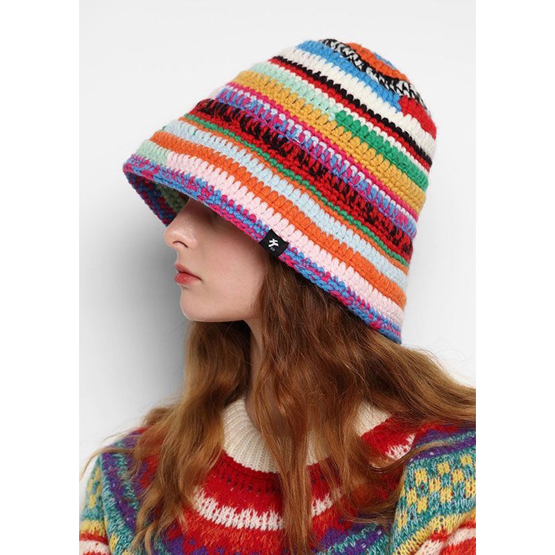 Chic Rainbow Striped Oversized Knit Bucket Hat