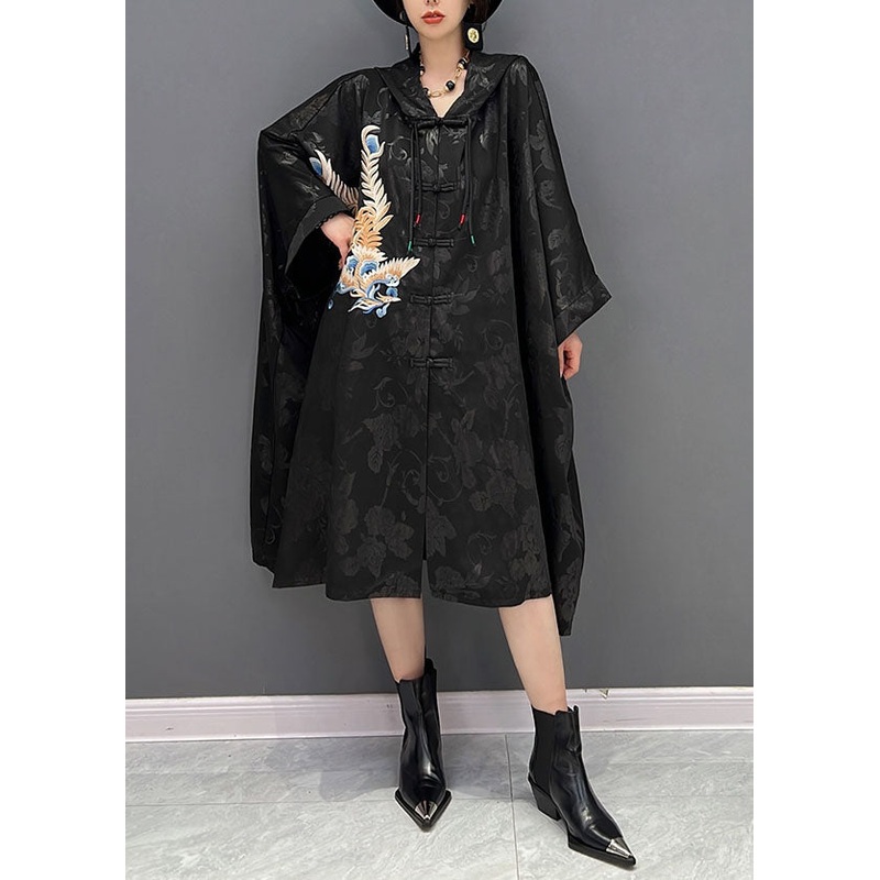 Chinese Style Black Hooded Embroideried Jacquard Cotton Trench Coat Fall