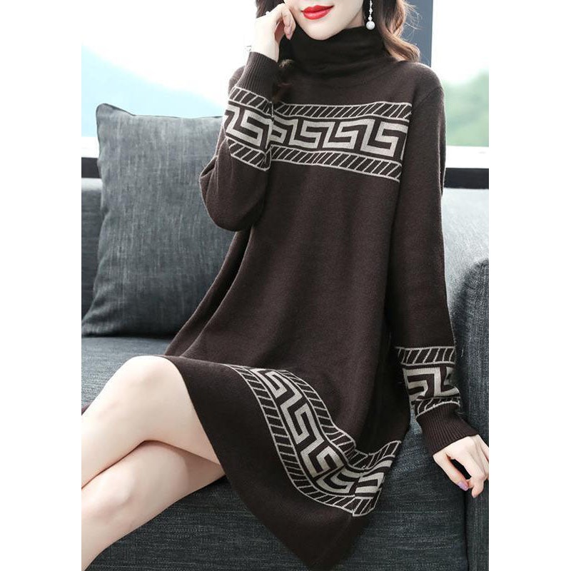 Chocolate Print Long A Line Dress Turtle Neck Long Sleeve