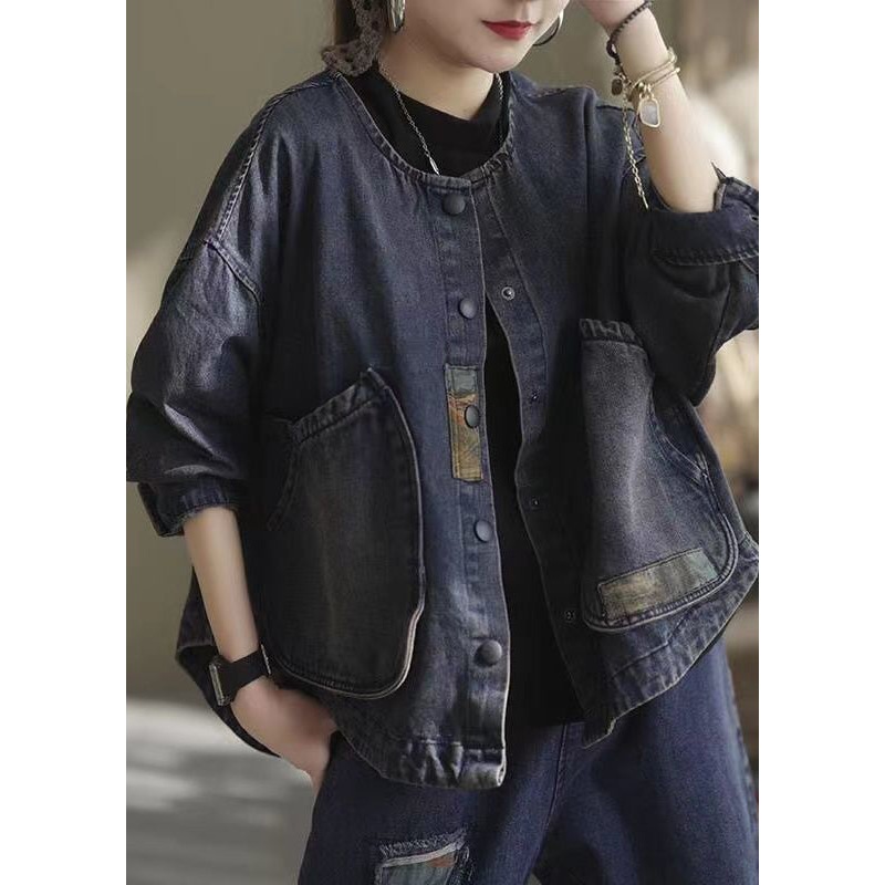 Classy Dark Blue O-Neck Pockets Patchwork Denim Coats Long Sleeve