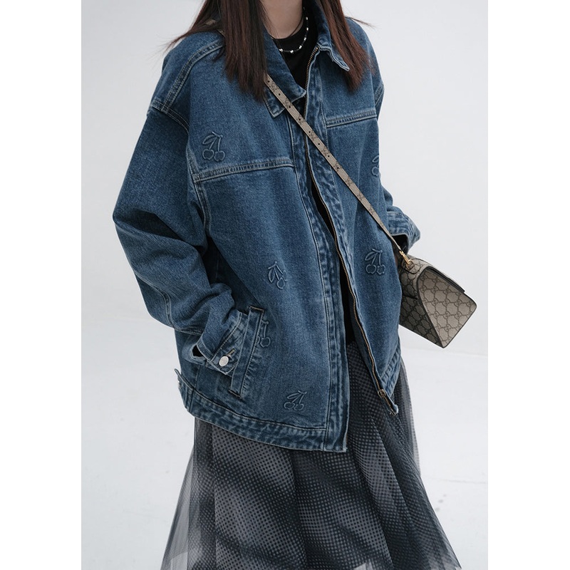 Classy Denim Blue Stand Collar Floral Patchwork Pockets Coats Fall