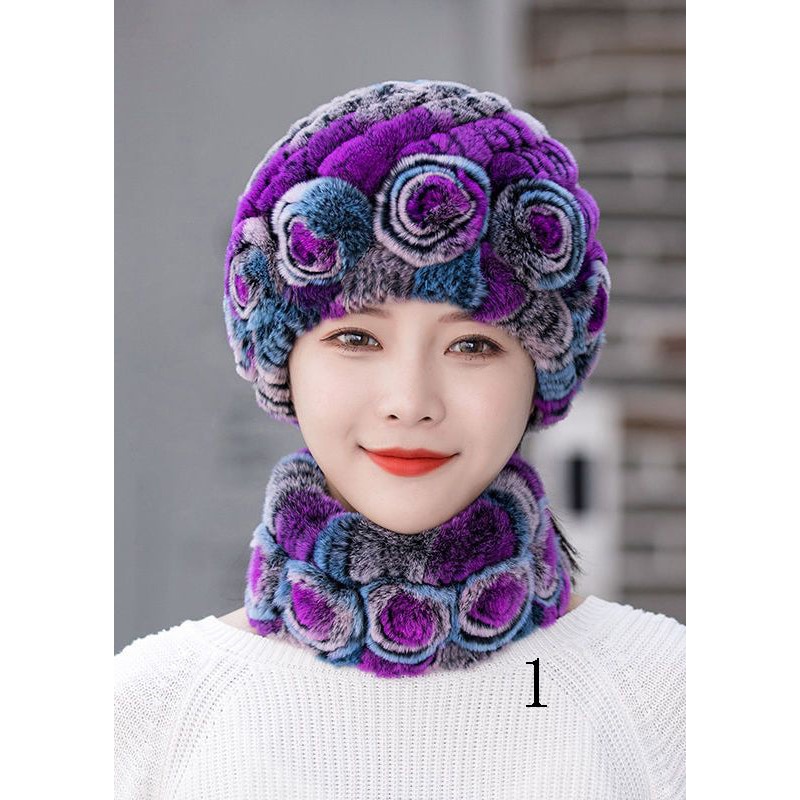 Classy Thick Rabbit Hair Knit Hat Two Piece Set Winter