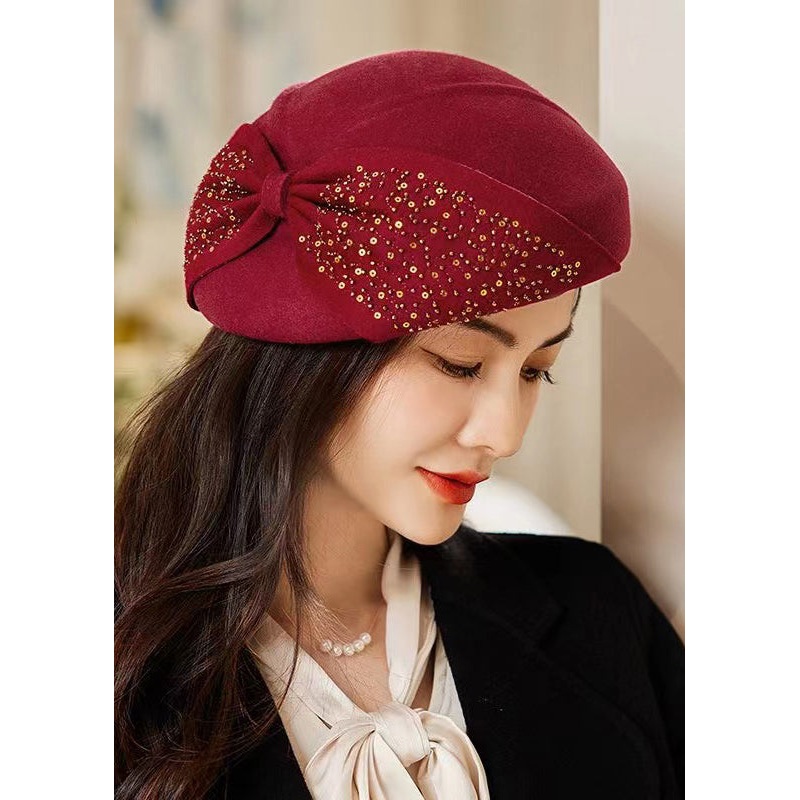 Classy Wine Red Bow Sequins Patchwork Woolen Beret Hat