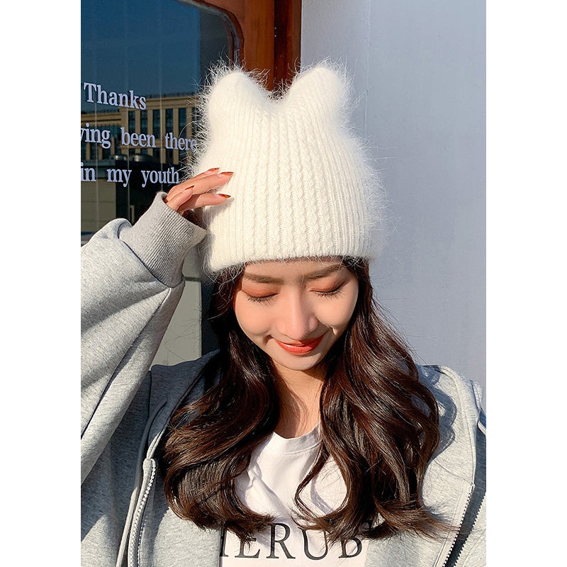 Cute White Warm Rabbit Hair Knit Bonnie Hat