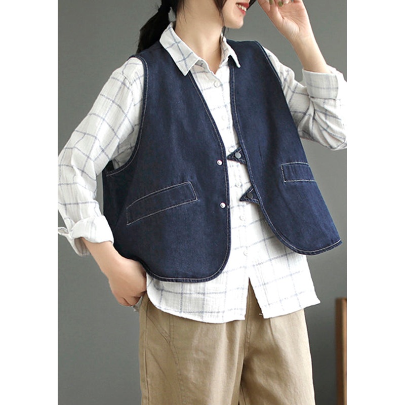 Dark Blue Pockets Patchwork Denim Waistcoat Sleeveless