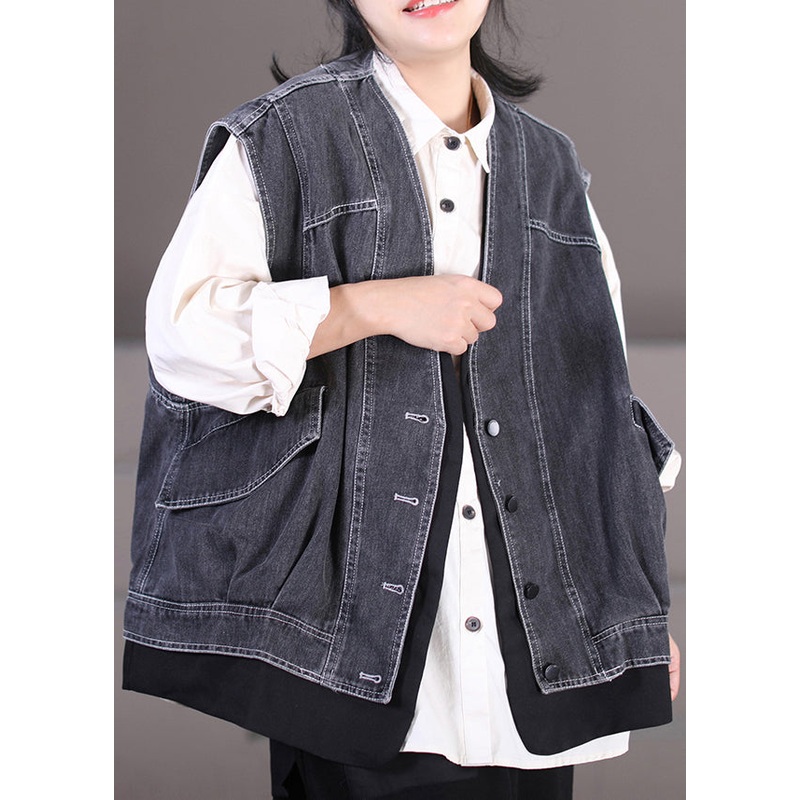 Dark Gray V Neck Patchwork Button Fake Two Pieces Denim Waistcoat Sleeveless