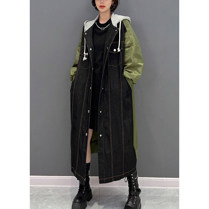 Denim Black Patchwork Button Hooded Coat Fall