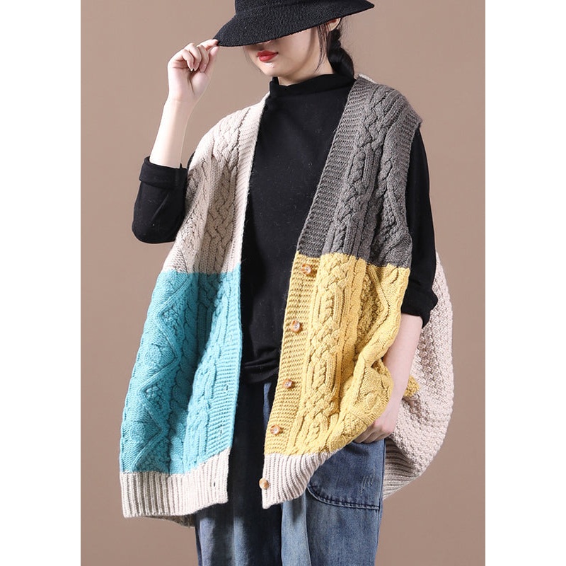 DIY Apricot V Neck Patchwork Knit Waistcoat Sleeveless