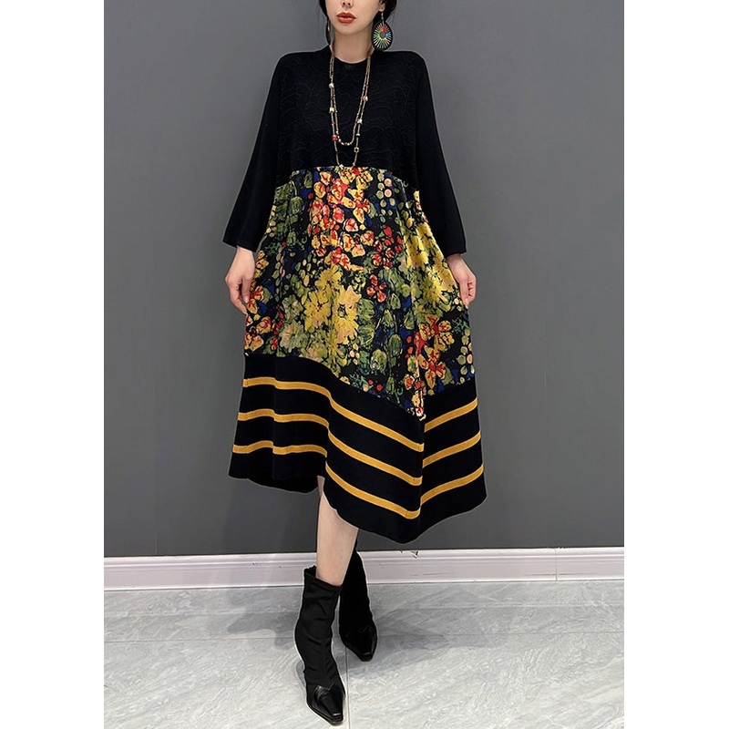 DIY Black O-Neck Print Striped Patchwork Knit Long Dresses Fall