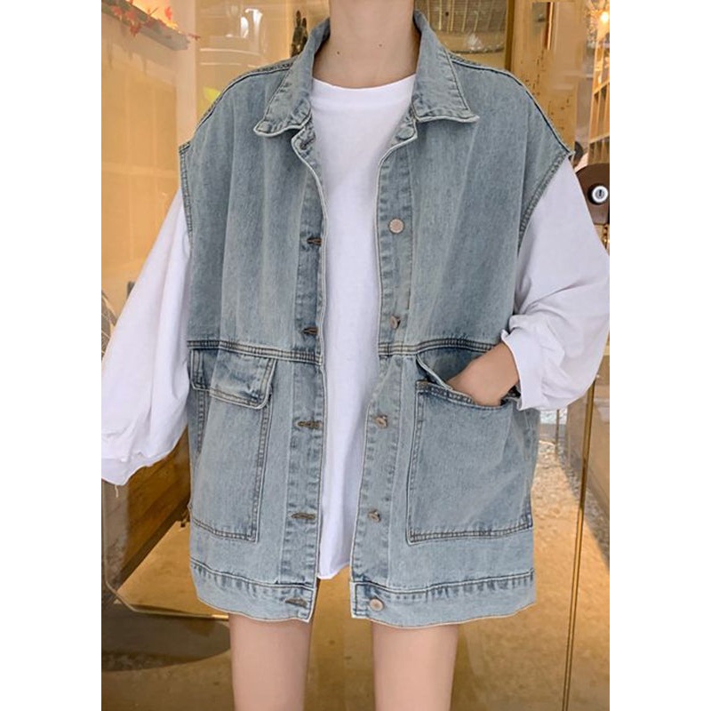 DIY Denim Blue Peter Pan Collar Pockets Patchwork Waistcoat Sleeveless