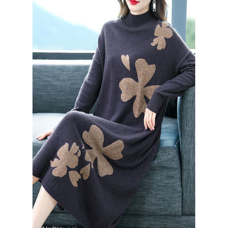 DIY Purple Stand Collar Embroideried Knit Cashmere Sweater Dress Long Sleeve