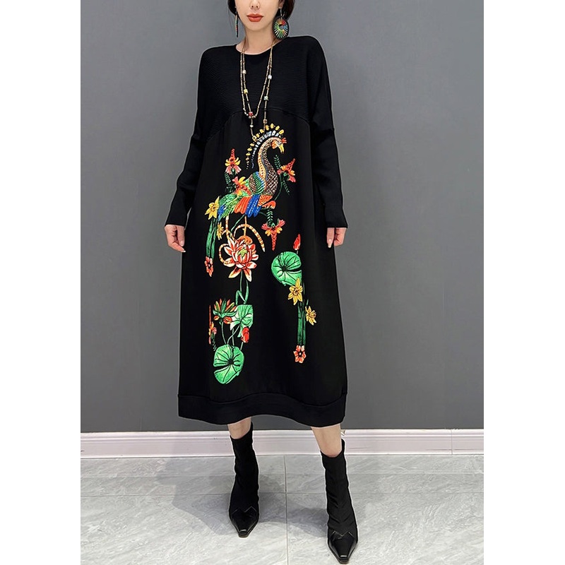 Elegant Black O-Neck Embroidered Knit Maxi Dress Fall