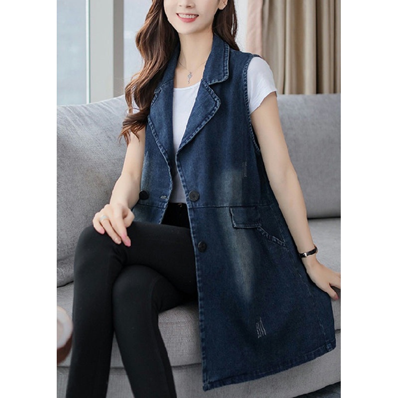 Elegant Blue Notched Patchwork Button Denim Waistcoat Fall