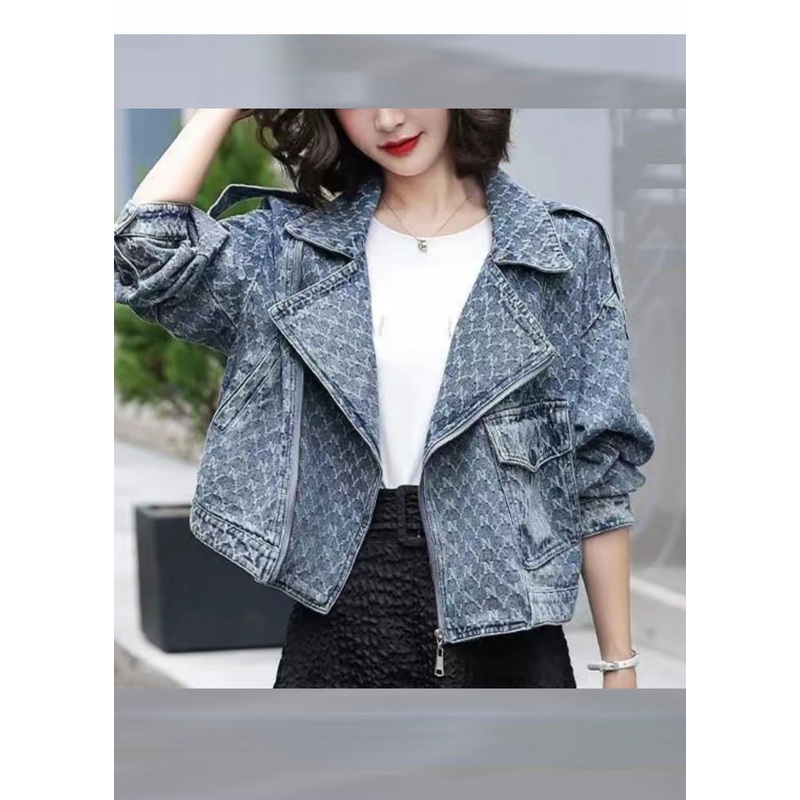 Elegant Denim Blue Notched Zippered Plaid Coat Long Sleeve