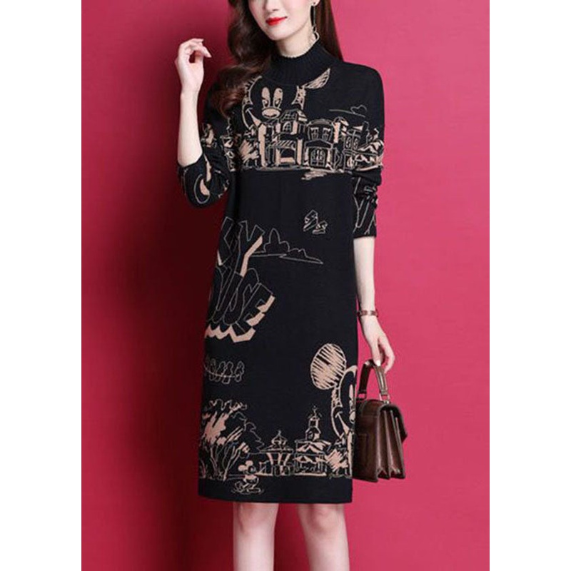 Fashion Black High Neck Print Thick Knit Holiday Dress Long Sleeve