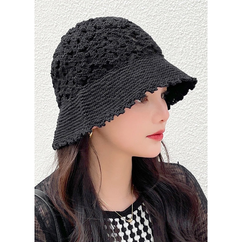 Fashion Black Hollow Out Floral Knitting Bucket Hat