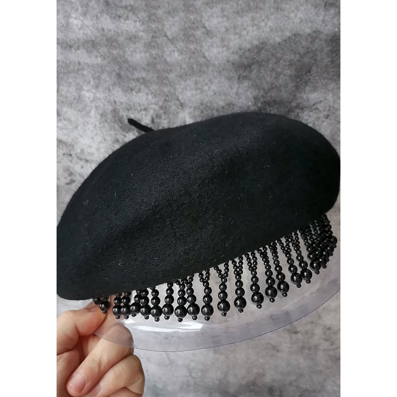 Fashion Black Nail Bead Tasseled Woolen Beret Hat
