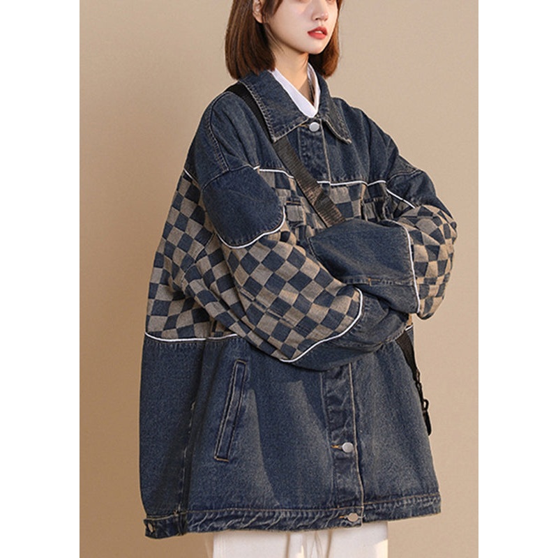Fashion Black Peter Pan Collar Plaid Patchwork Button Cotton Denim Coat Fall