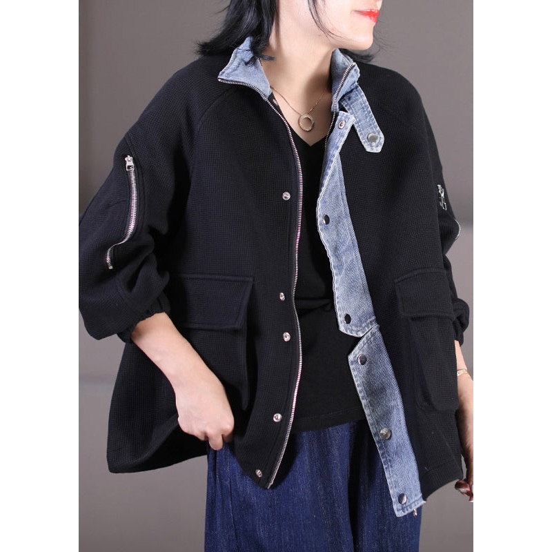 Fashion Black Stand Collar Zippered Button Pockets Denim Patchwork Coats Long Sleeve