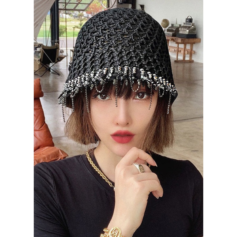 Fashion Black Tasseled Woven Bucket Hat