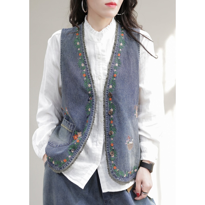 Fashion Blue V Neck Embroideried Patchwork Denim Waistcoat Sleeveless