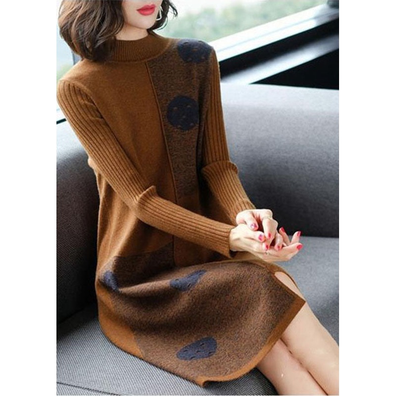 Fashion Chocolate High Neck Asymmetrical Design Knit Sweater Dress Long Sleeve