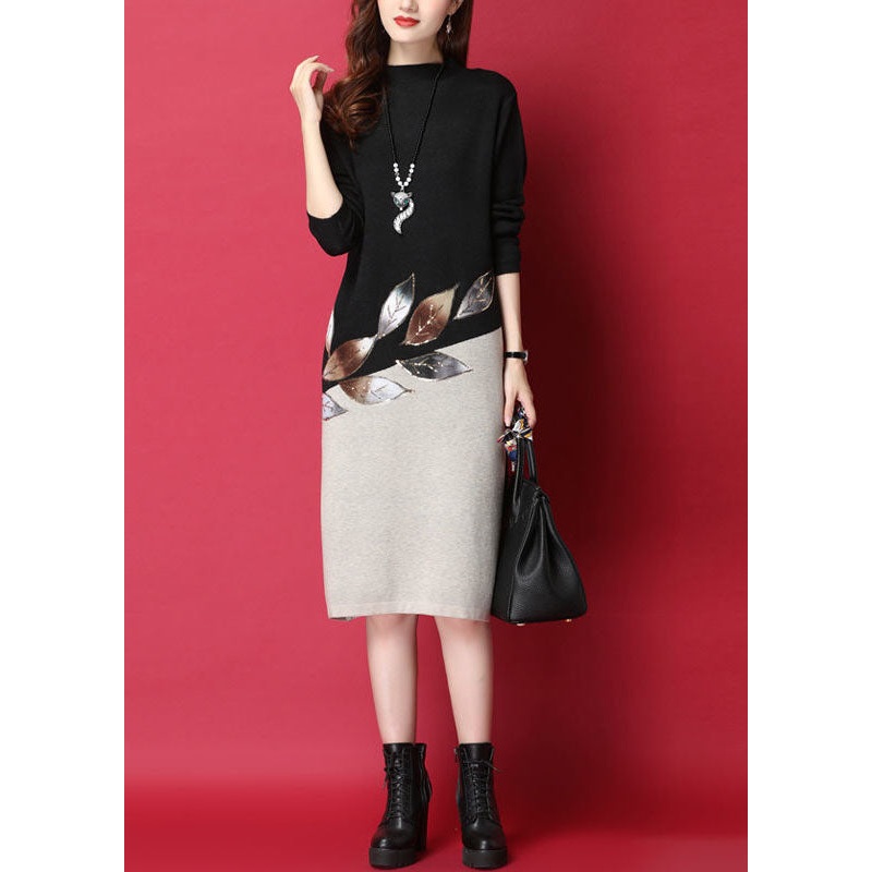 Fitted Black Stand Collar Patchwork Knit Sweater Dress Long Sleeve