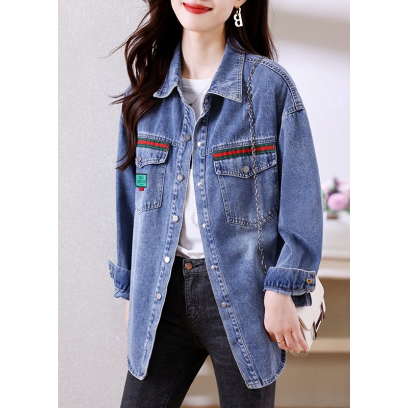 Fitted Blue Peter Pan Collar Button Patchwork Denim Coats Long Sleeve