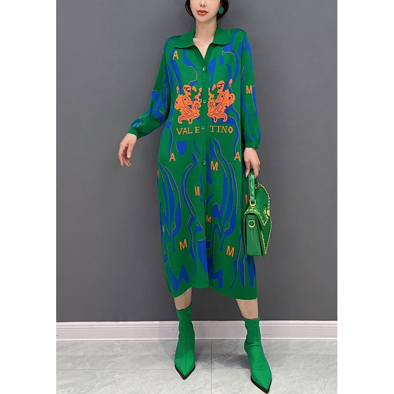 Fitted Green Peter Pan Collar Print Button Knit Shirts Dress Fall