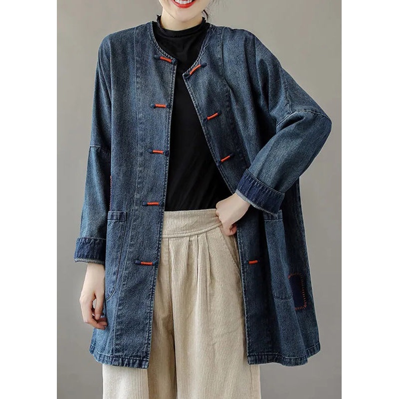 French Blue O-Neck Pockets Patchwork Denim Coats Long Sleeve