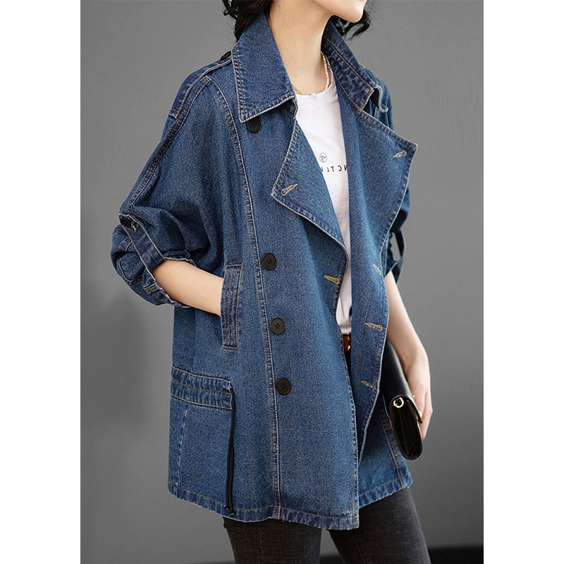 French Blue Peter Pan Collar Patchwork Button Denim Coats Long Sleeve