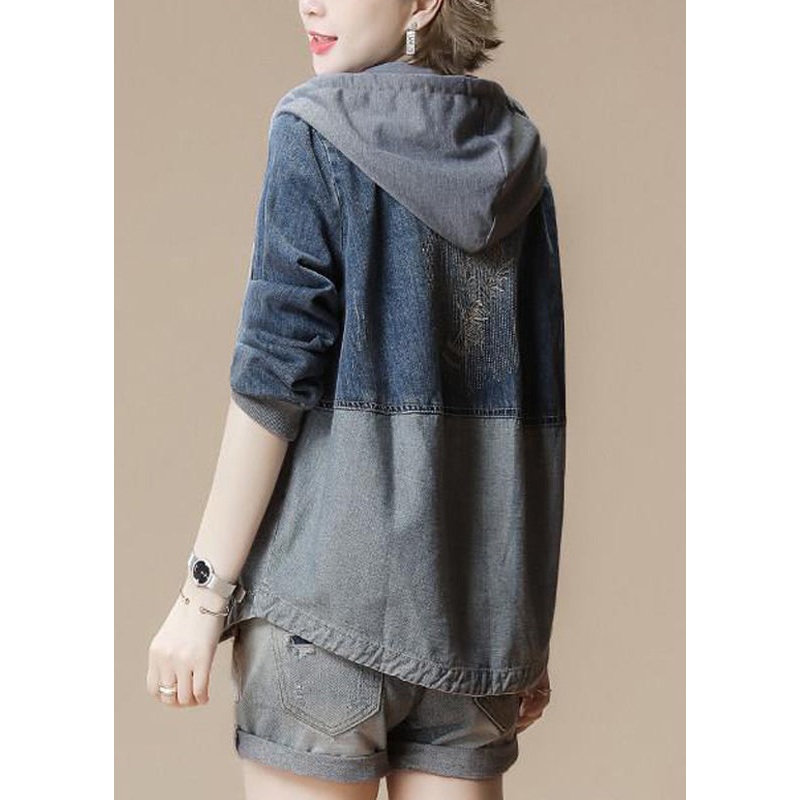 French Grey Zippered Patchwork Hoodie Denim Coats Fall