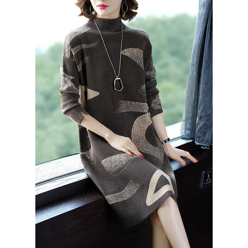 French Khaki Stand Collar Oversized Print Cashmere Sweater Dress Long Sleeve