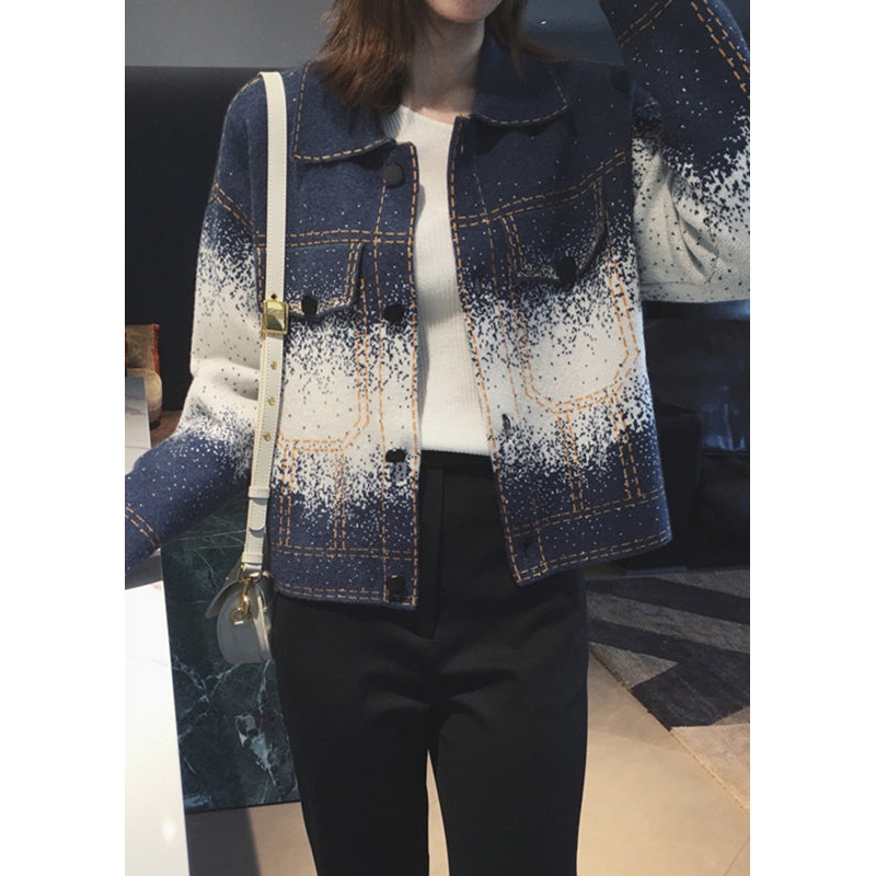Gradient Color Blue Square Collar Button Wool Knit Coats Long Sleeve