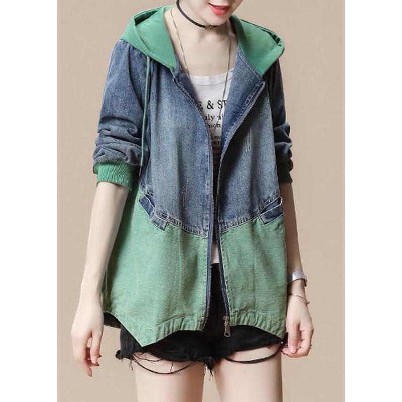 Green Drawstring Pockets Hoodie Denim Coat Long Sleeve