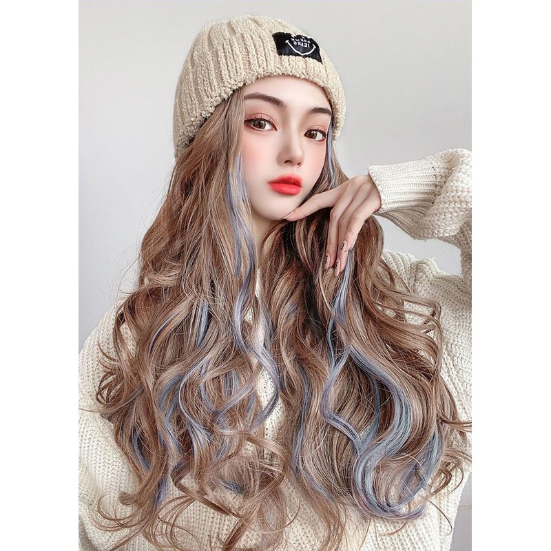 Handmade Beige Patchwork Gradient Color Long Curly Hair Knit Wig Hat