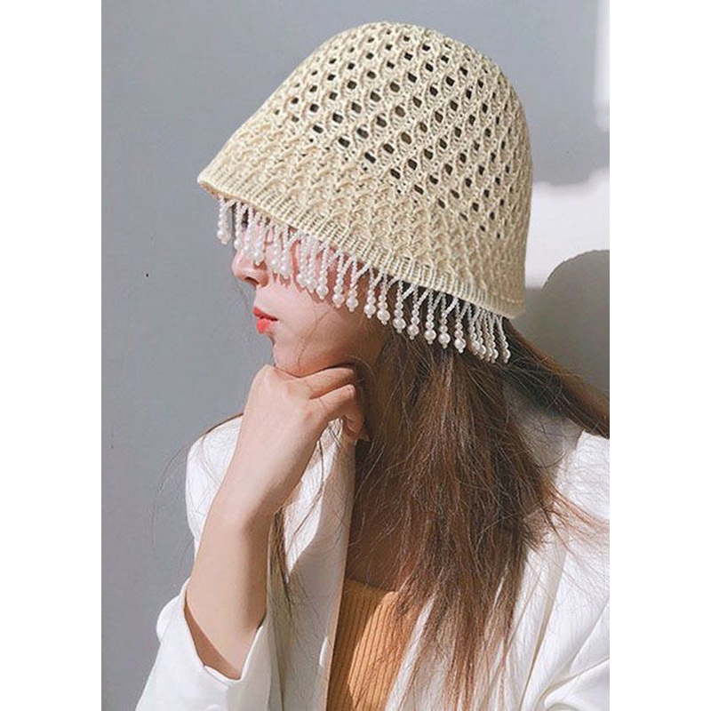Handmade Beige Tasseled Straw Woven Bucket Hat