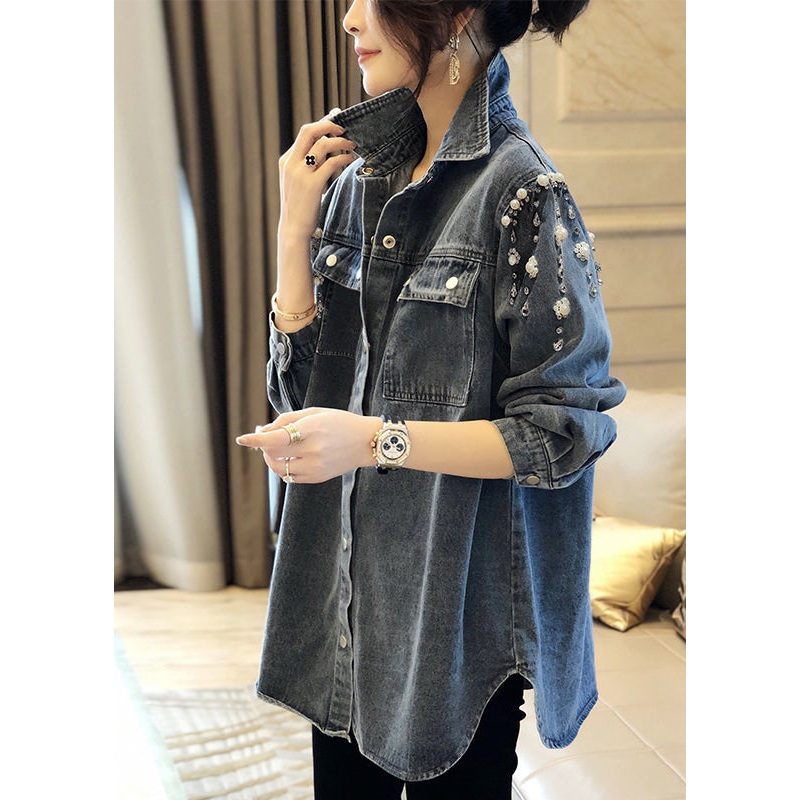 Handmade Blue Square Collar Pearl Patchwork Denim Coats Long Sleeve